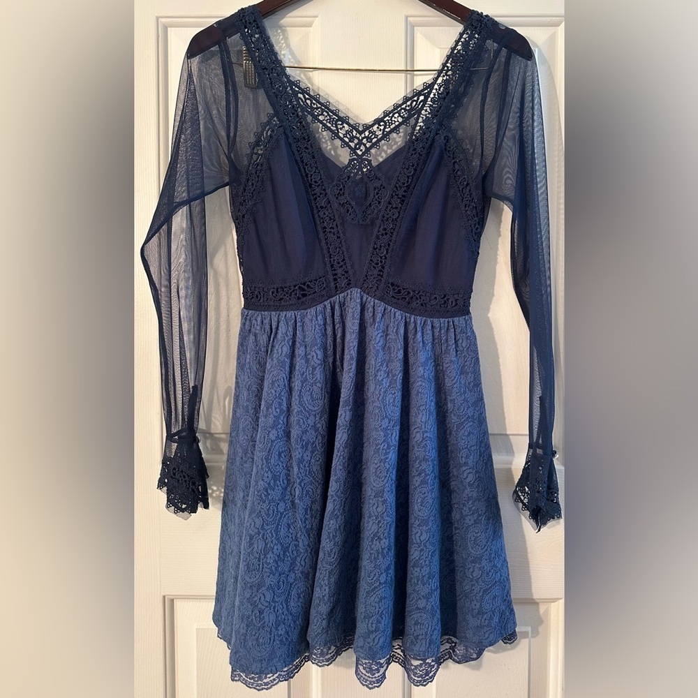 FREE PEOPLE Fairy Feminine Rave Whimsigoth Sz 2 Blue Mesh Lace Sheer Mini Dress - Picture 3 of 16